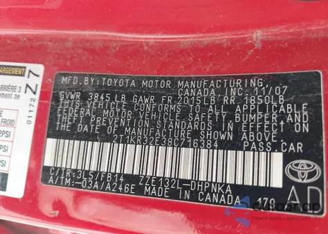 2008 Toyota Matrix Xr z USA, uszkodzony, nr VIN 2T1KR32E38C716384